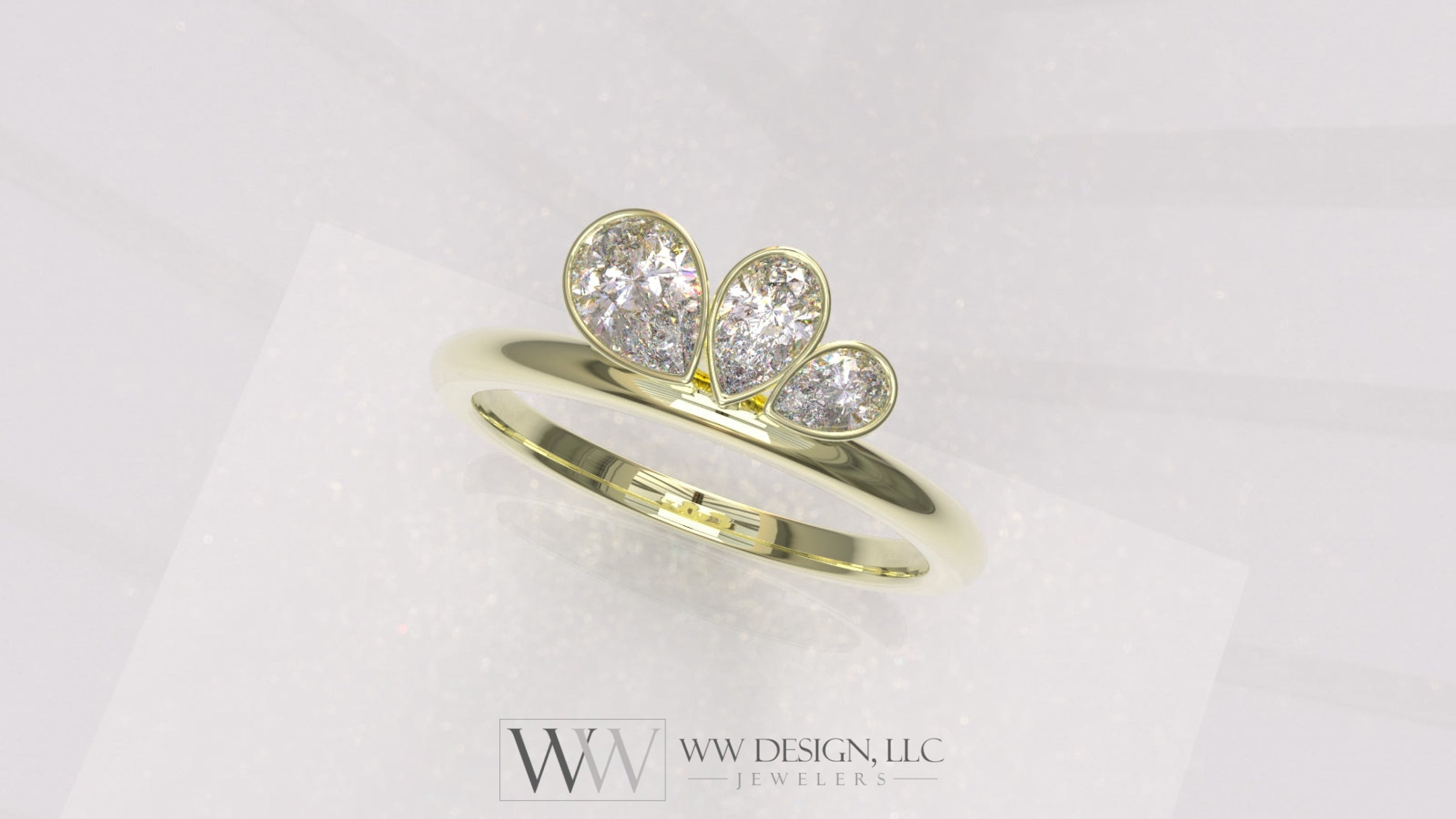 0.58 Ctw Graduated Asymetrical Pear Trio Diamond Ring - 14K 18K (Yellow White Rose) Platinum Rings