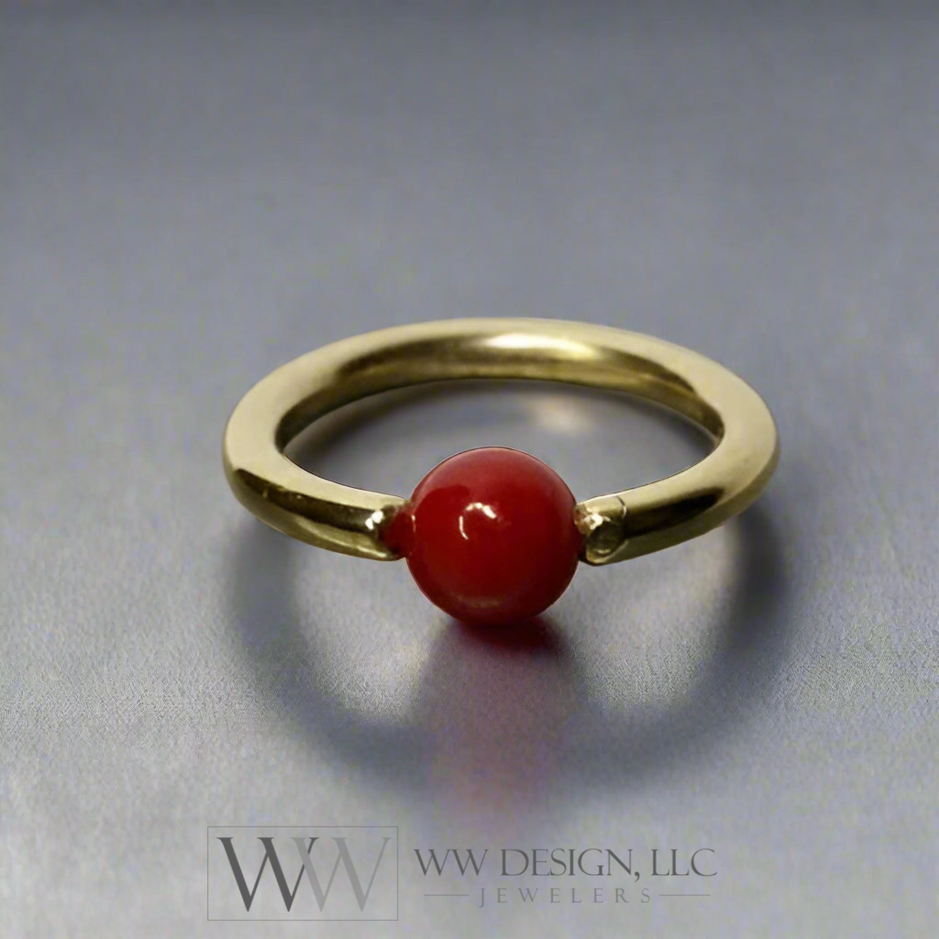 4Mm Bamboo Coral Captive Bead Ring - 16Ga Hoop 14K Gold (Y W Or R) Sterling Silver Platinum