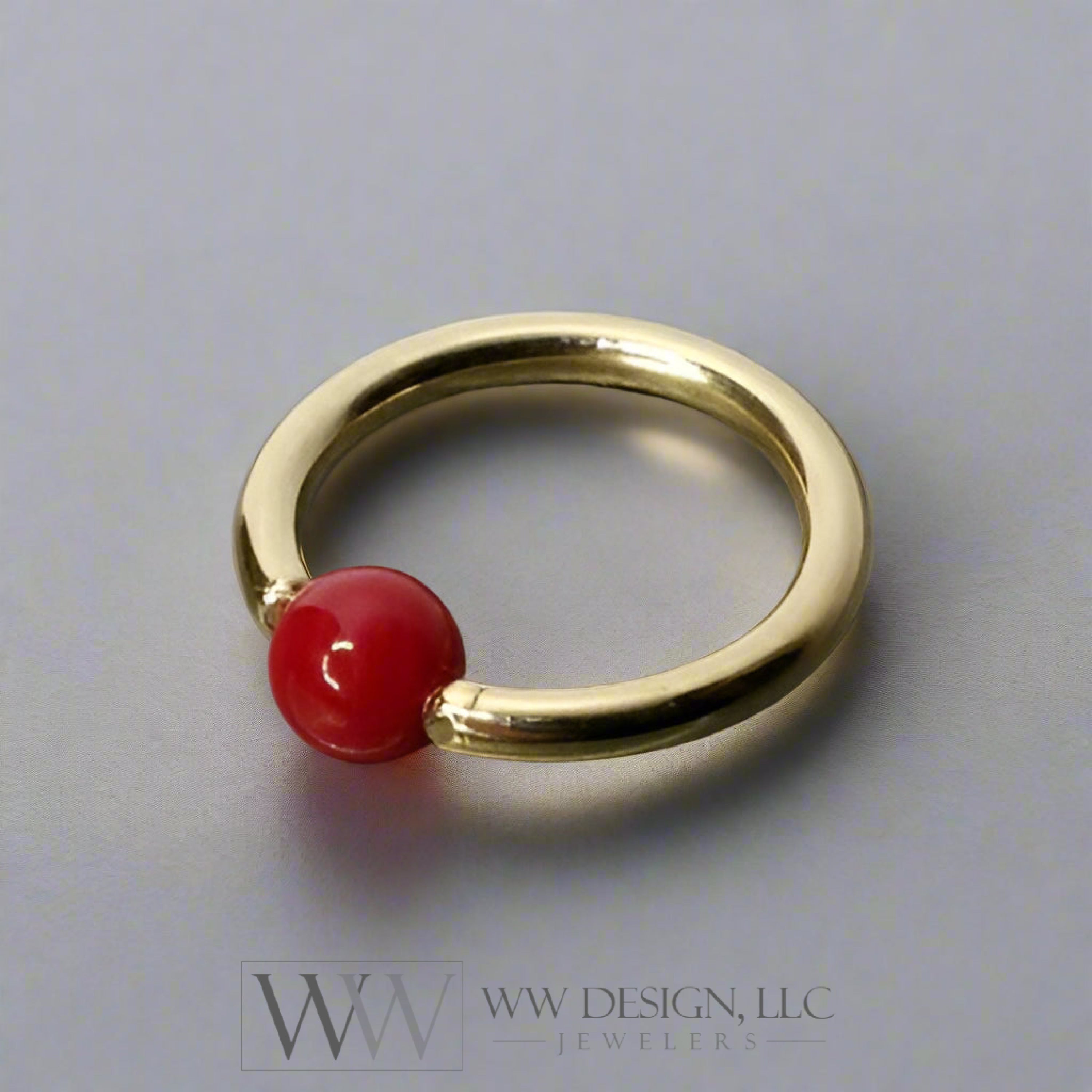 4Mm Bamboo Coral Captive Bead Ring - 16Ga Hoop 14K Gold (Y W Or R) Sterling Silver Platinum